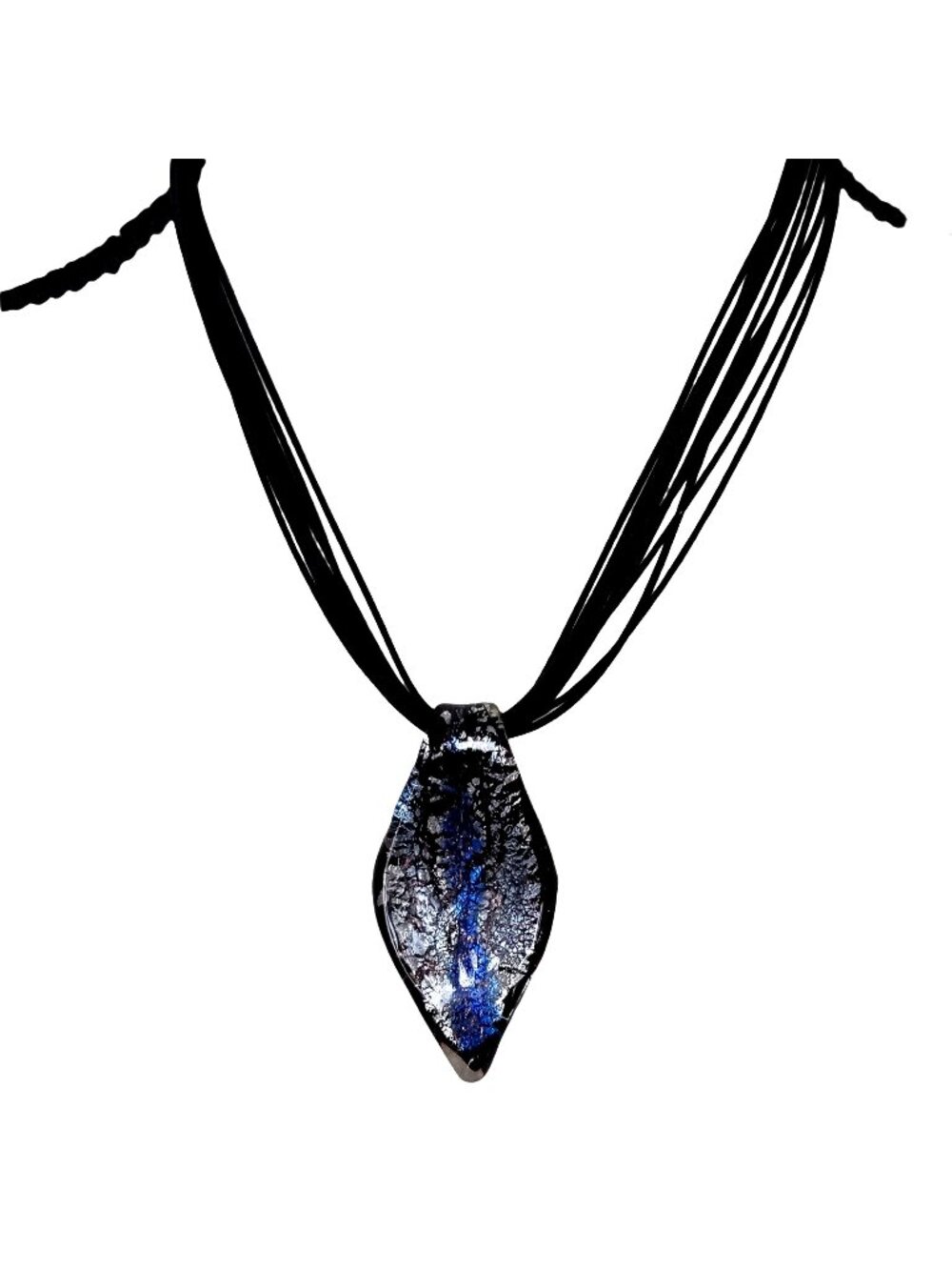 Metallic Dichroic Art Glass Pendant Necklace Blue Black Iridescent Boho Fairy